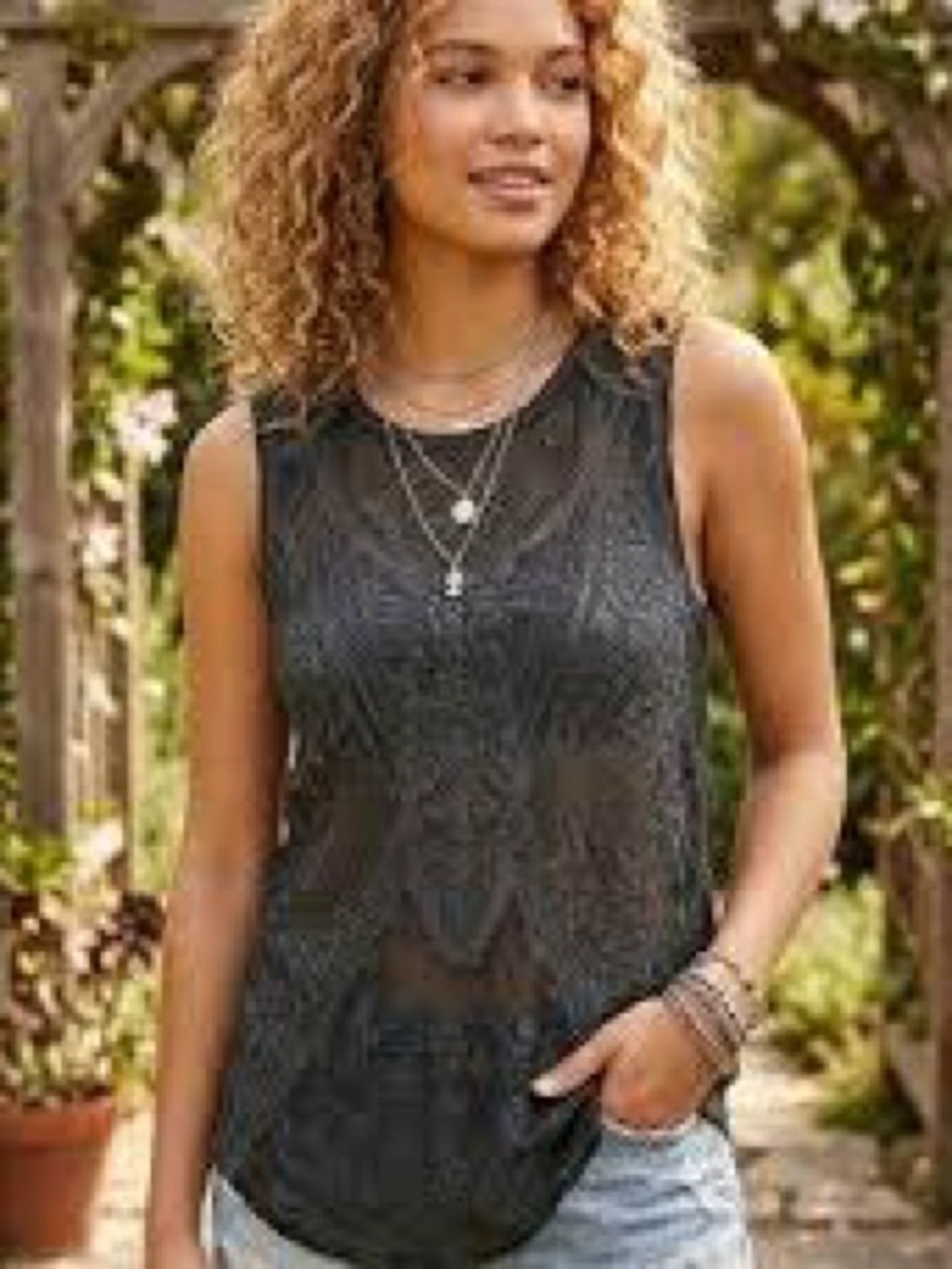 Free People Black Lace-Overlay Sleeveless Tank